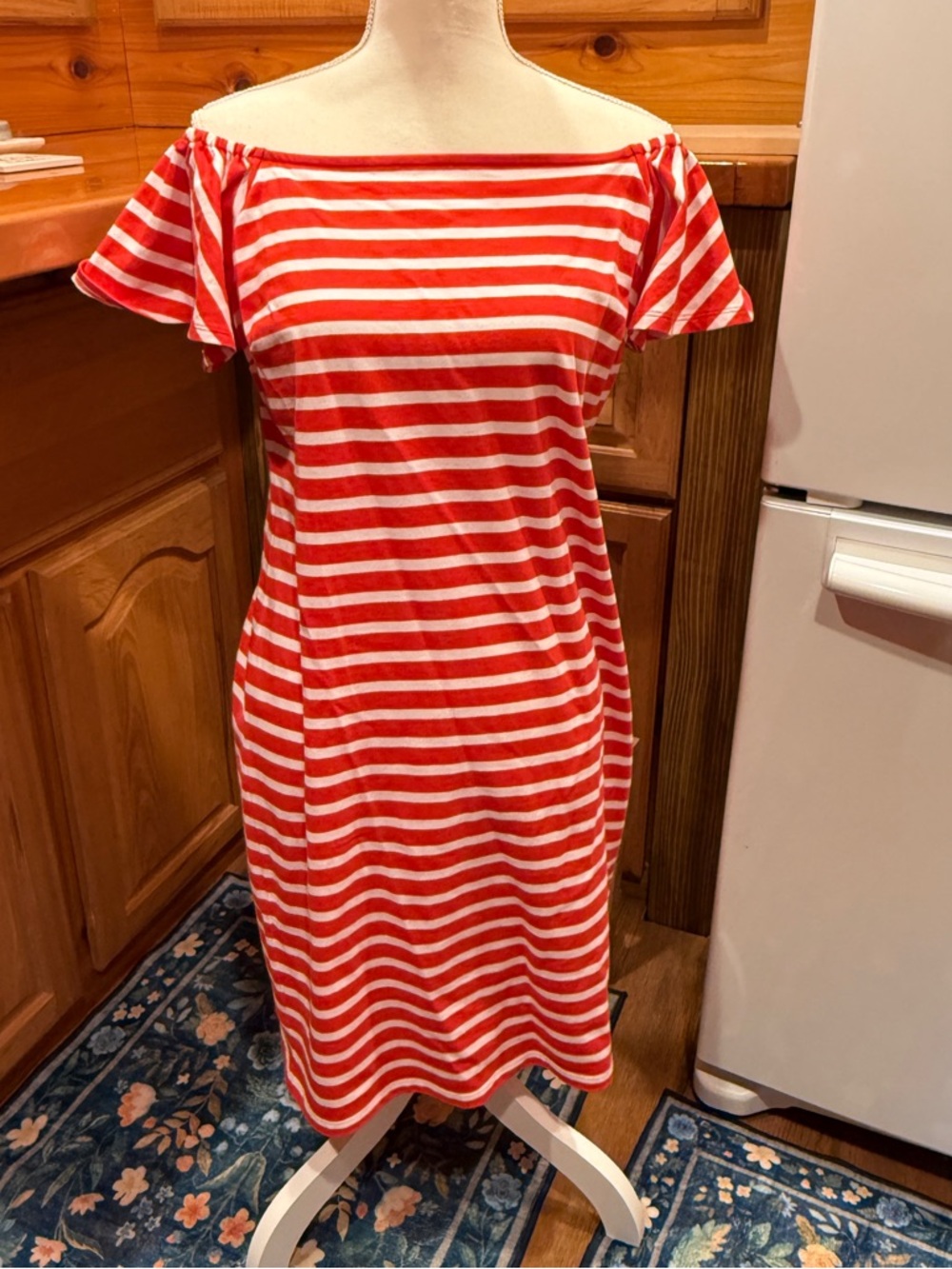 Ralph Lauren Red and White Striped Off-Shoulder Midi Dress‎